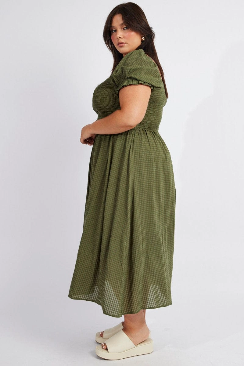 Green Midi Dress Short Sleeve Shirred Comfortable Touch Soft Balance