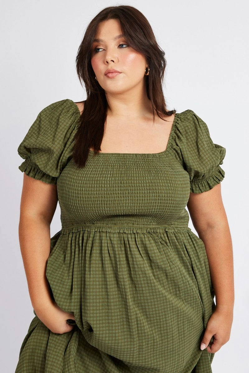 Green Midi Dress Short Sleeve Shirred Dance-Party Elegant brunch outfit