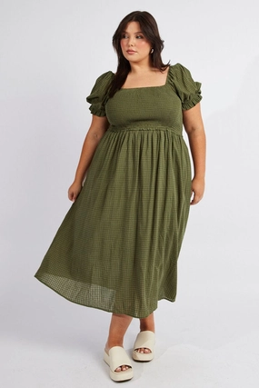 Perfect Style Simple Chic Green Midi Dress Short Sleeve Shirred