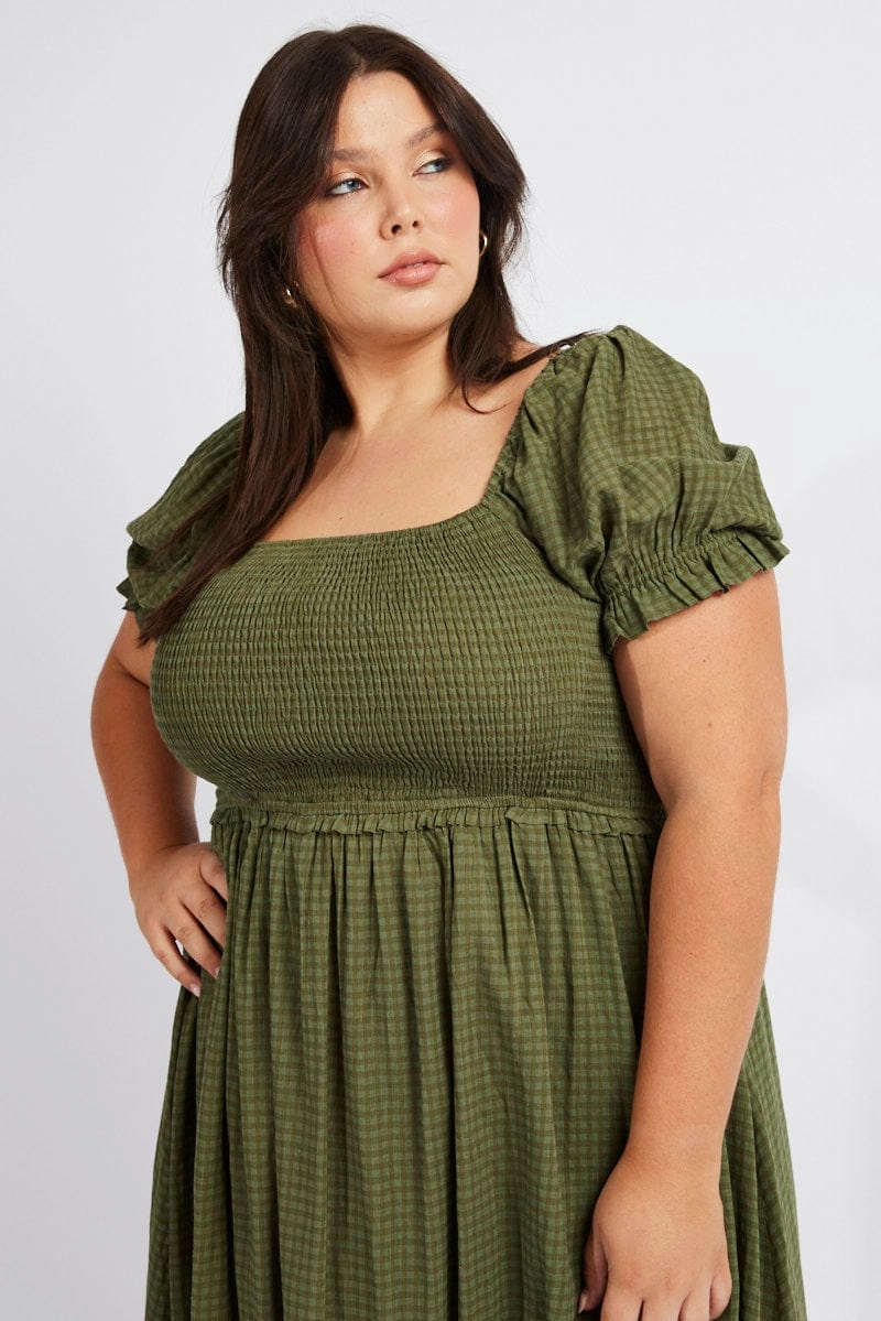 Green Midi Dress Short Sleeve Shirred Light Weight