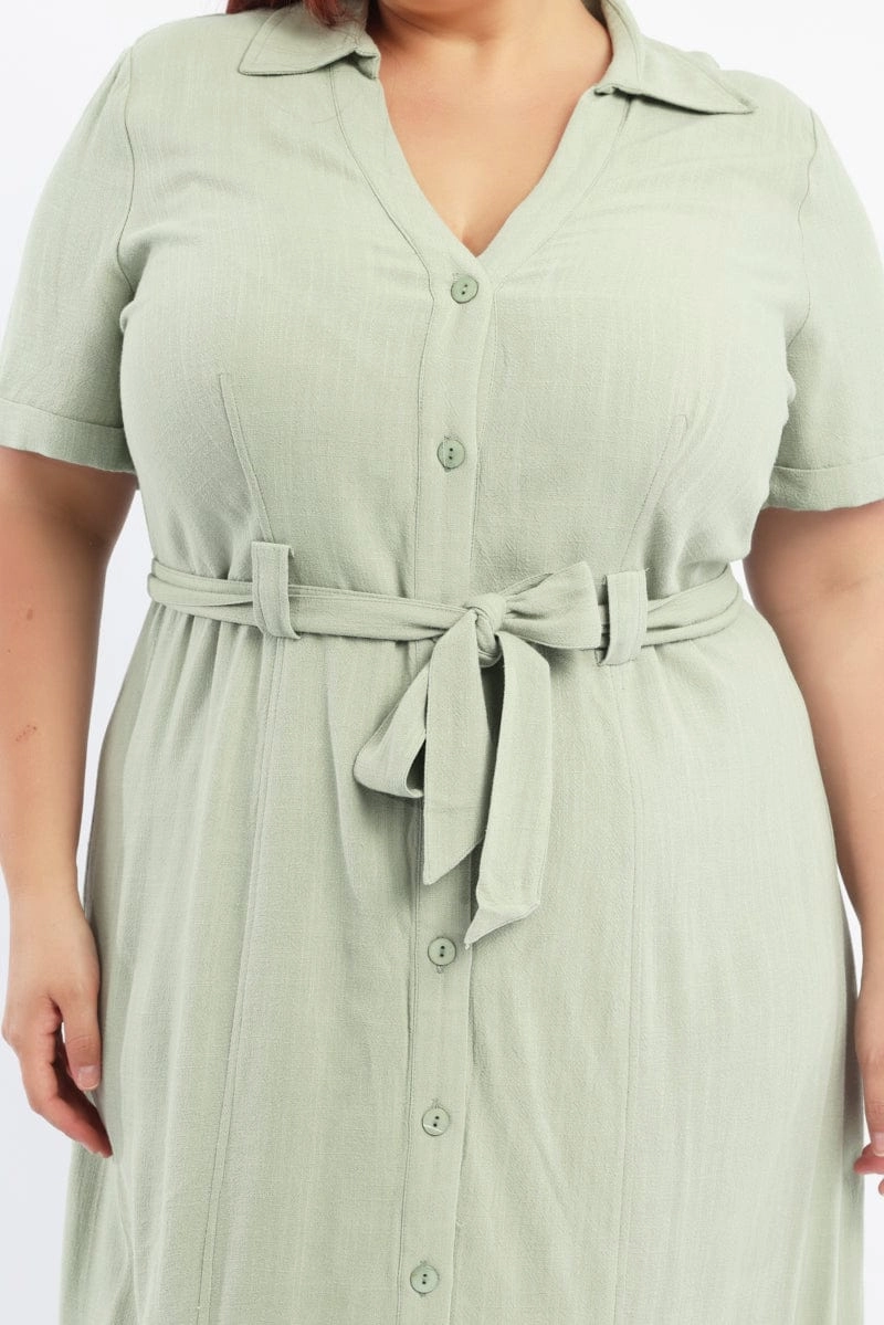 Graceful Ease Polished Edge Green Midi Dress Short Sleeve Shirt Waist Tie