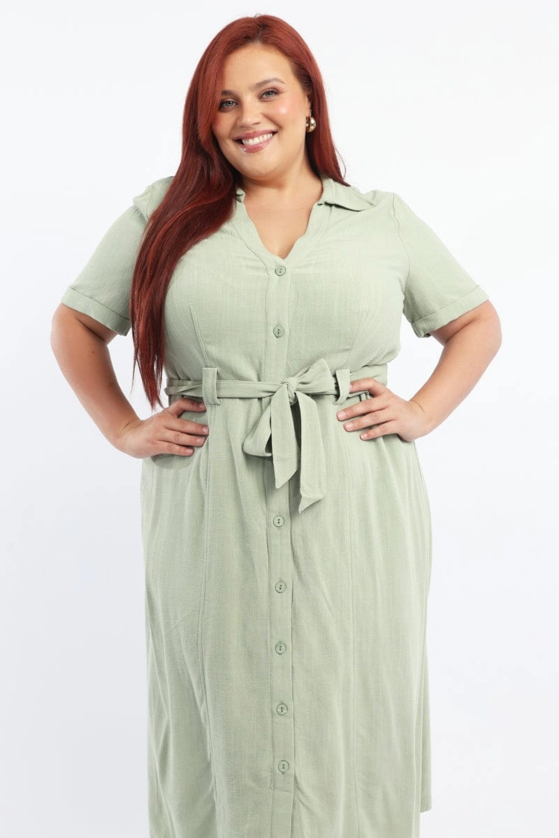 Button Accent Form Fit Green Midi Dress Short Sleeve Shirt Waist Tie