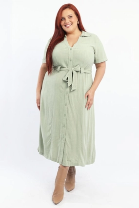 Green Midi Dress Short Sleeve Shirt Waist Tie Bodycon Fit