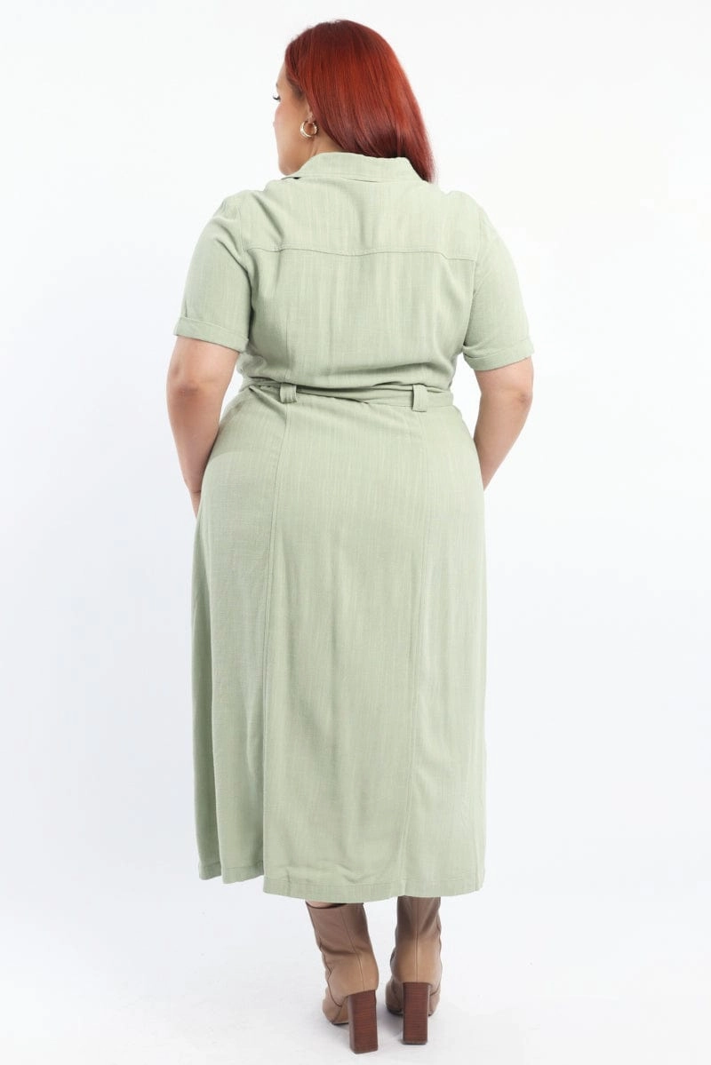 Romantic Bloom Green Midi Dress Short Sleeve Shirt Waist Tie