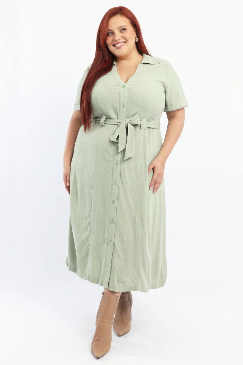 Green Midi Dress Short Sleeve Shirt Waist Tie Bodycon Fit