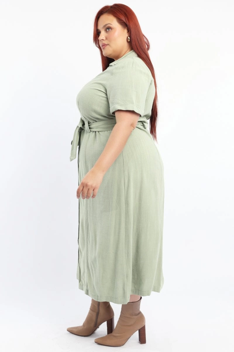 Green Midi Dress Short Sleeve Shirt Waist Tie Lightweight-Comfort Delicate Details
