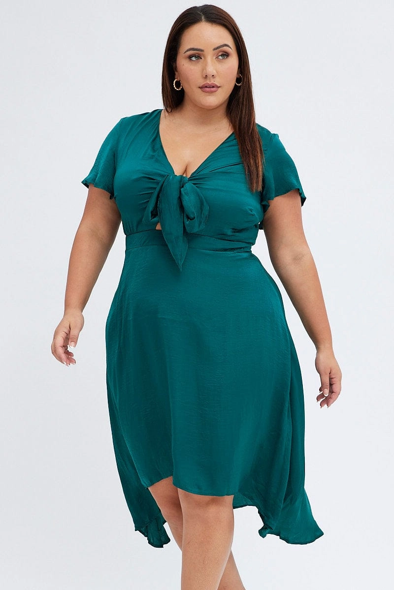 Green Midi Dress Short Sleeve Tie Back Satin Ribbed-Texture