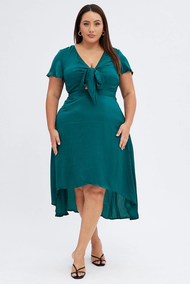 Warm Soft Green Midi Dress Short Sleeve Tie Back Satin