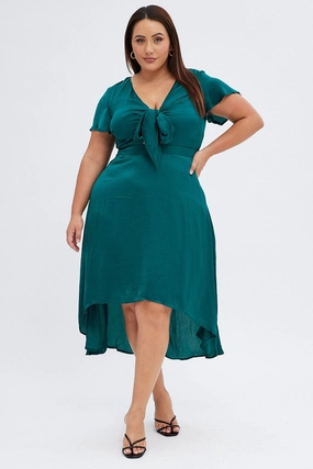 Green Midi Dress Short Sleeve Tie Back Satin Work Ease Linen Vibe