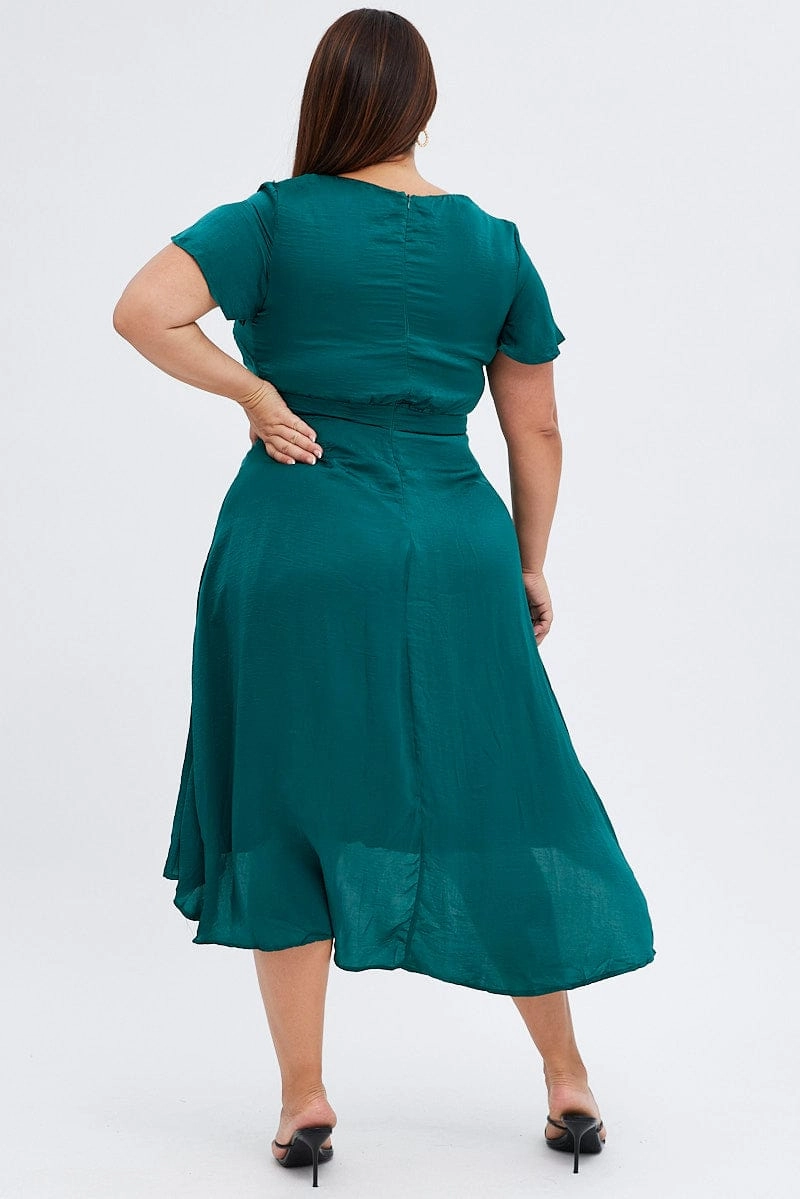 Travel Friendly Casual Pick Green Midi Dress Short Sleeve Tie Back Satin