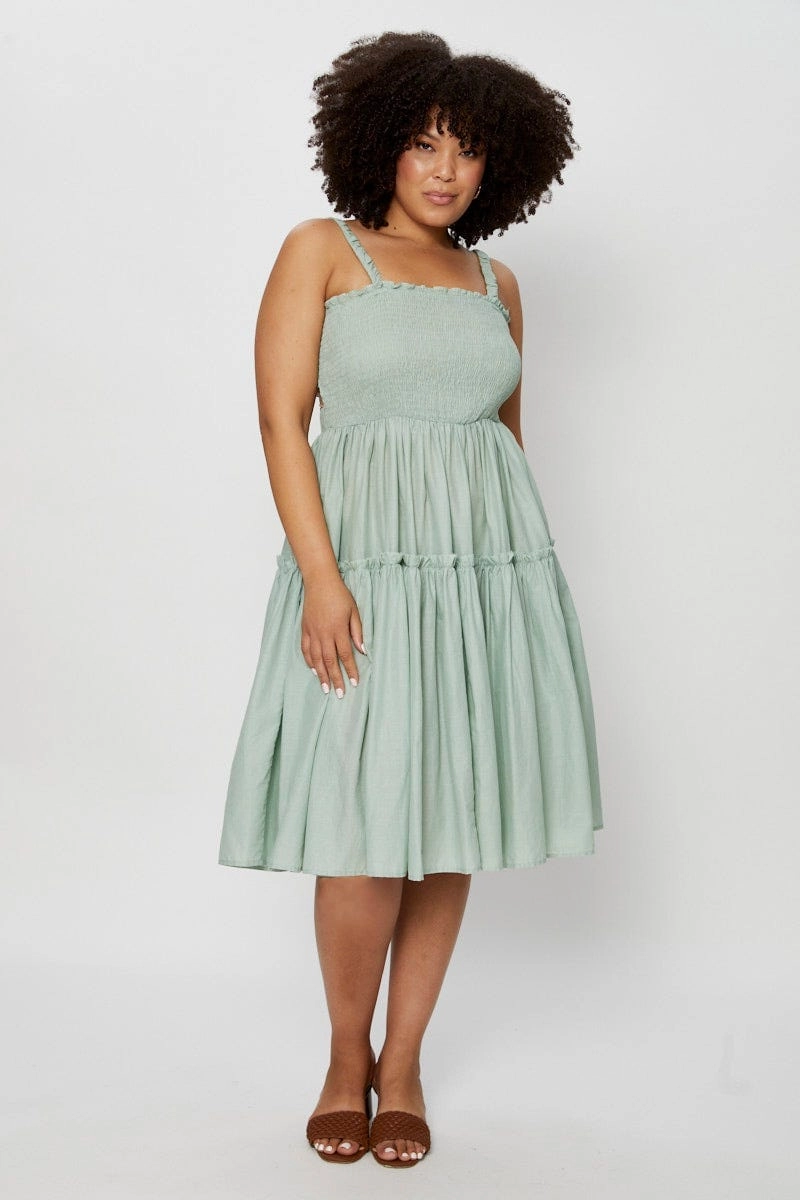 Light Shape Smart Waistband Fit Green Midi Dress Square Neck Sleeveless