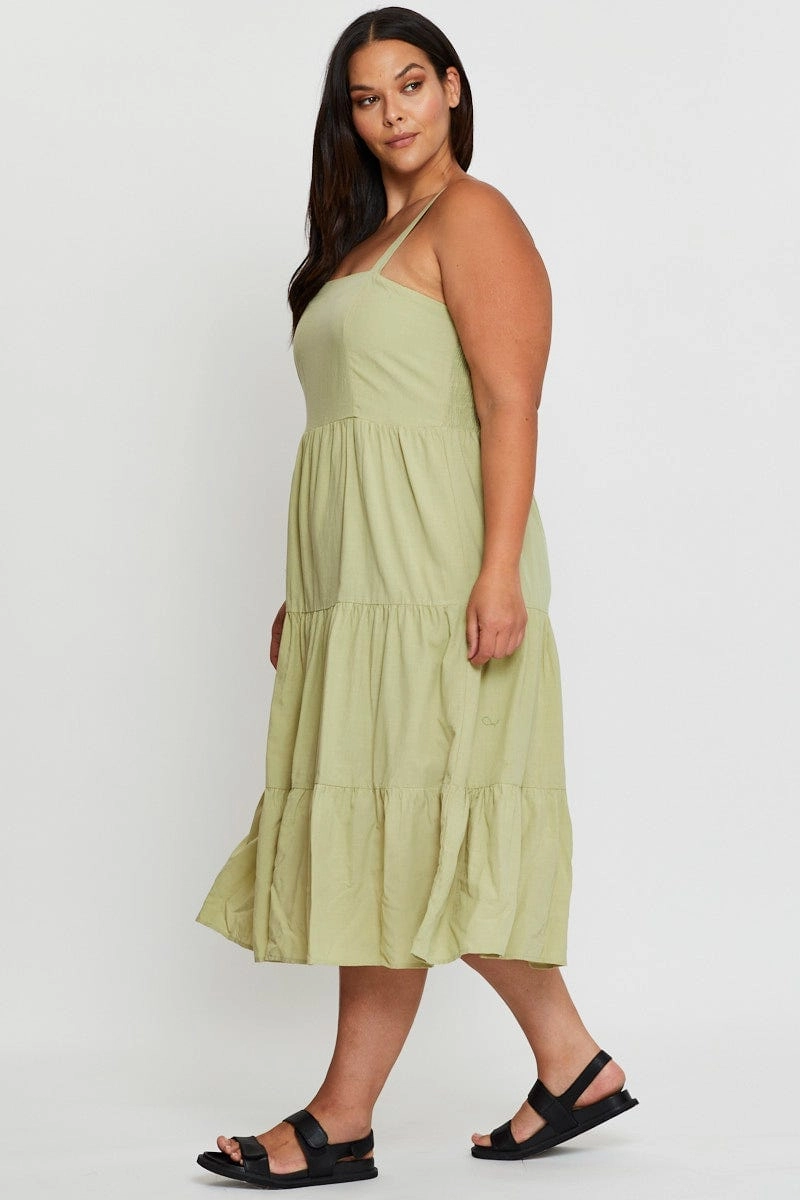 Travel-Pack Clean Structure Green Midi Dress Square Neck Sleeveless