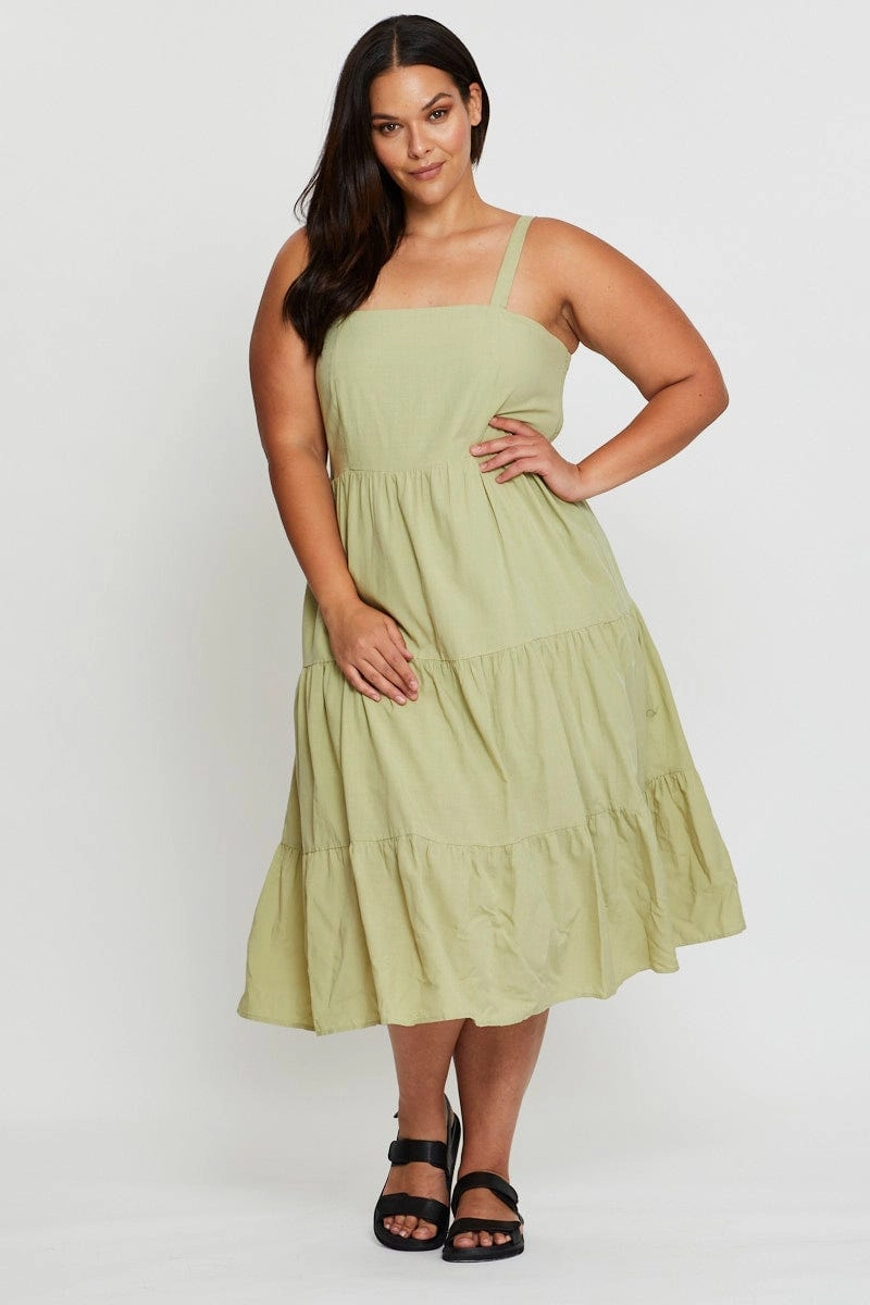 Green Midi Dress Square Neck Sleeveless Chilly Wear Smart Pairing