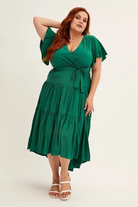 All-Occasion Look Classic A-line design Green Midi Dress V-neck Tie