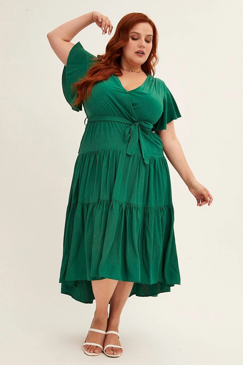 Delicate Edge Green Midi Dress V-neck Tie
