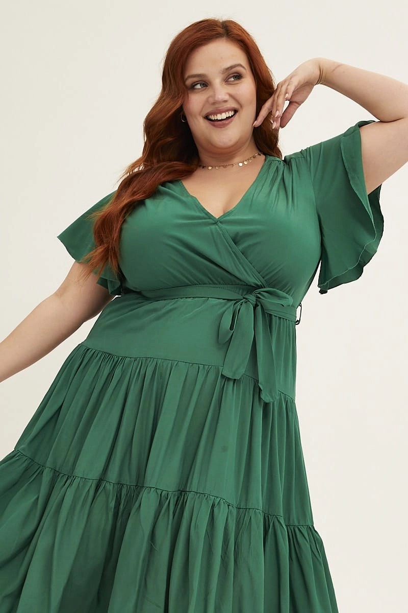 Green Midi Dress V-neck Tie Easy Elegance