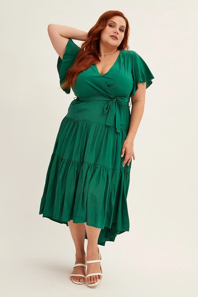 All-Occasion Look Classic A-line design Green Midi Dress V-neck Tie