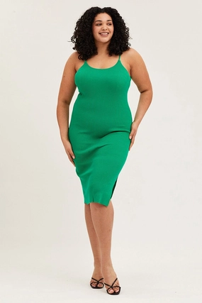 Shine Dressy Green Midi Knit Bodycon Dress Scoop Neck Sleeveless