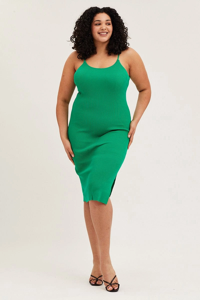 Shine Dressy Green Midi Knit Bodycon Dress Scoop Neck Sleeveless