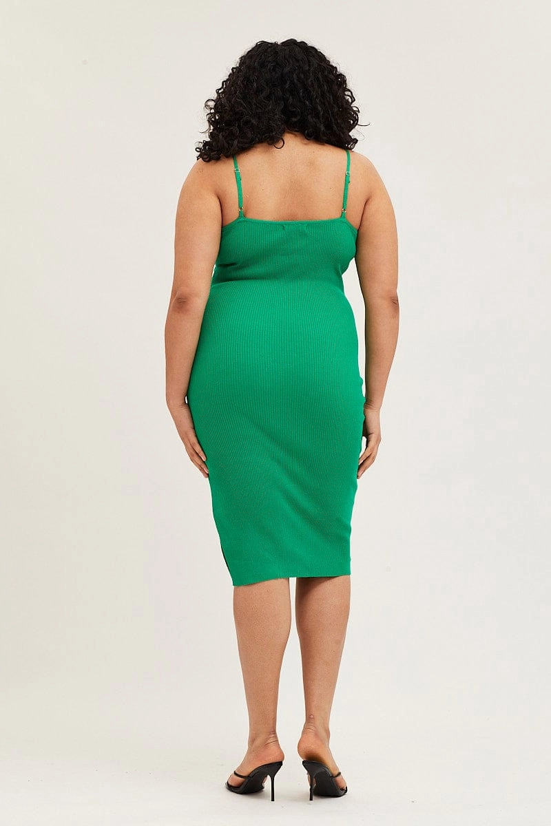 Front-Zip Green Midi Knit Bodycon Dress Scoop Neck Sleeveless