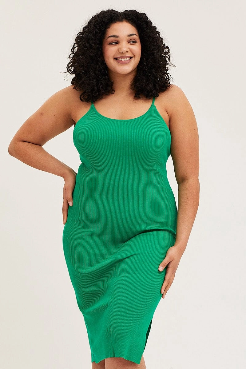 Green Midi Knit Bodycon Dress Scoop Neck Sleeveless Flowing Lines