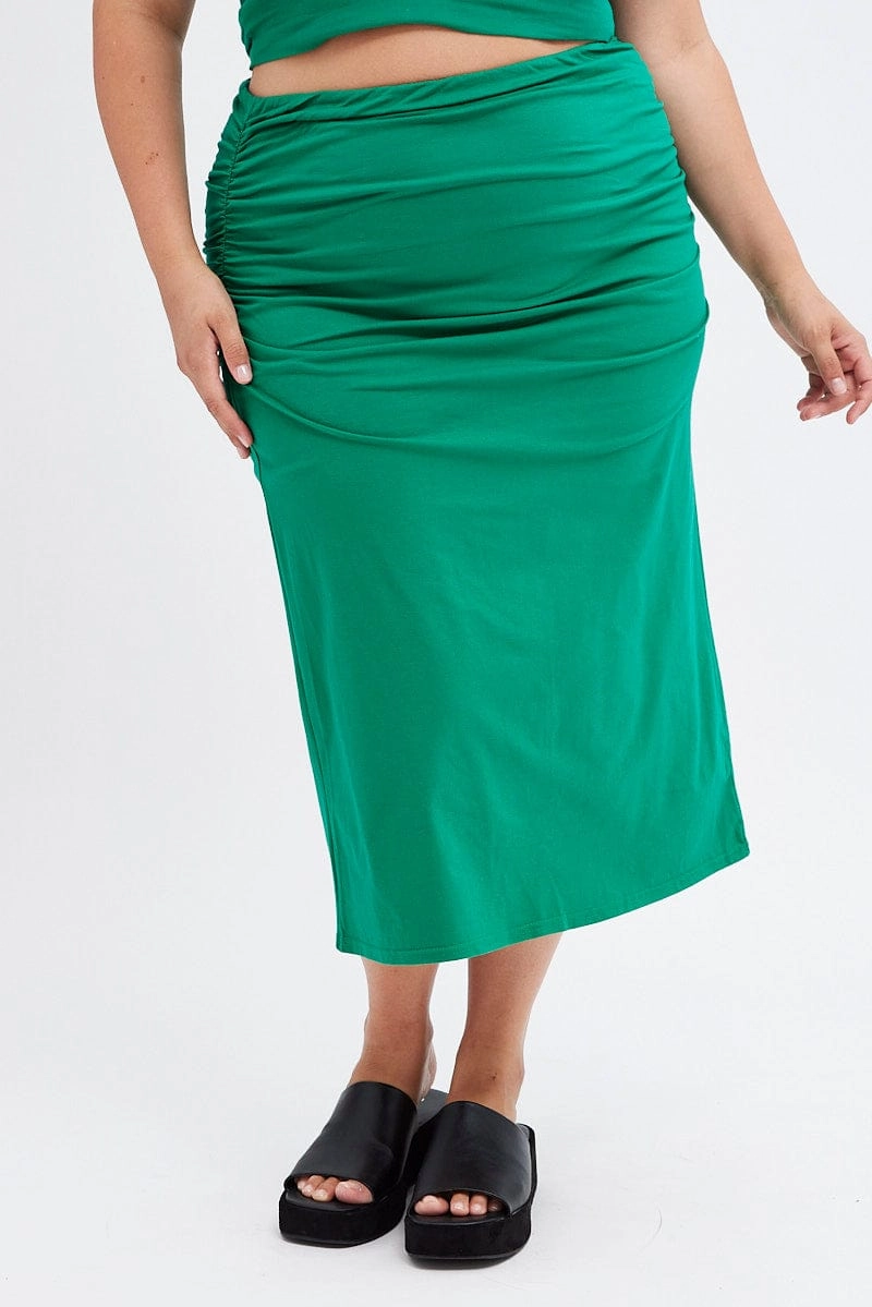 Everyday Essential Green Midi Skirt Elastic Waist Gather Double Layer