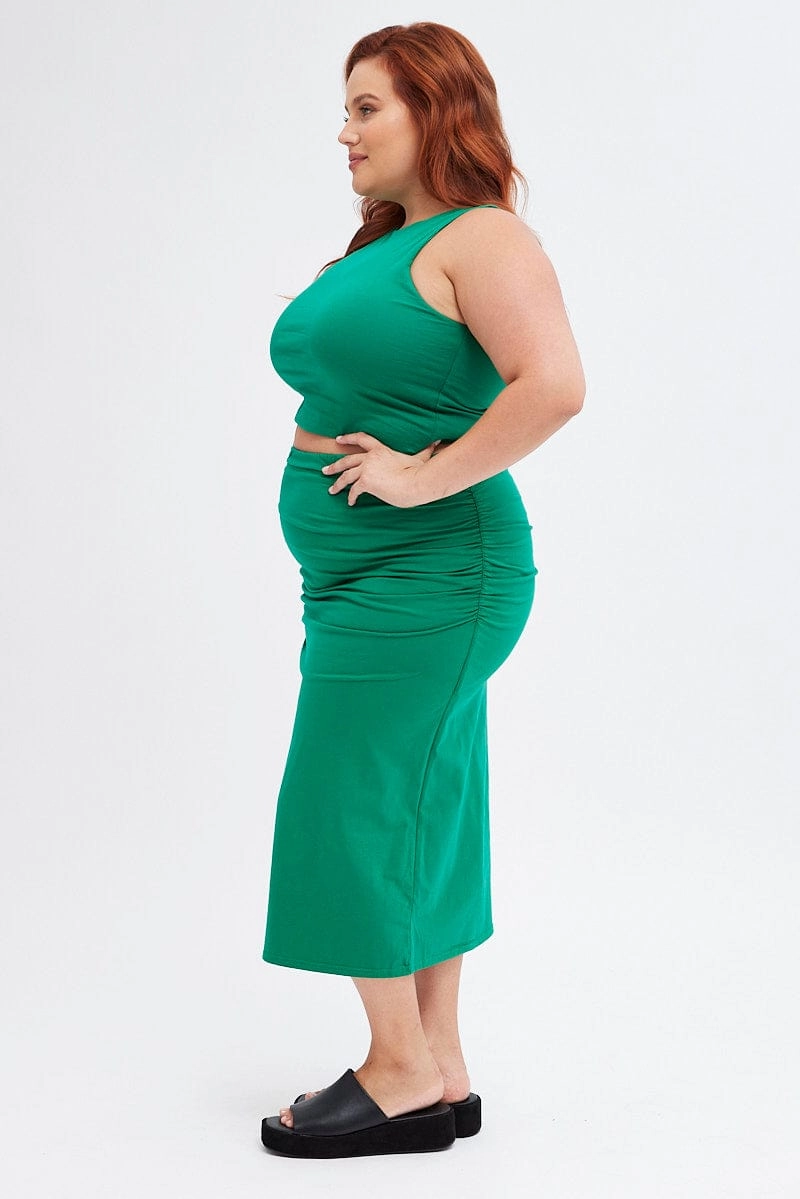 Green Midi Skirt Elastic Waist Gather Double Layer High Rise