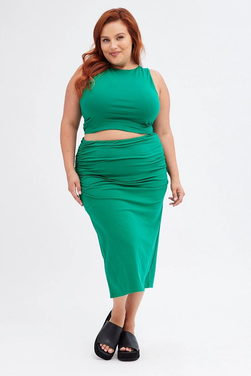 Airy Feel Green Midi Skirt Elastic Waist Gather Double Layer