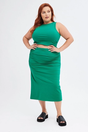 Simple Fashion Green Midi Skirt Elastic Waist Gather Double Layer