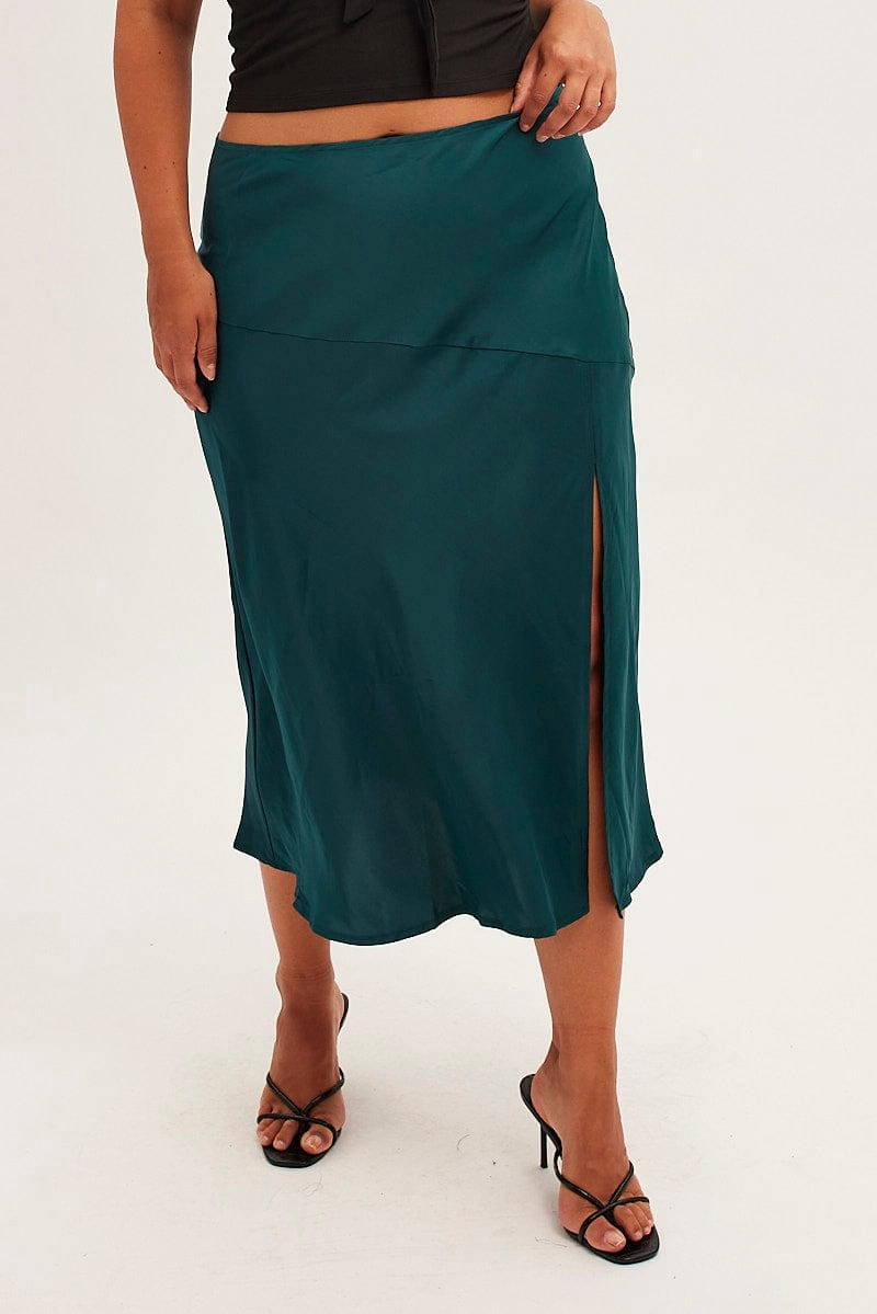 Glamorous Appeal Green Midi Skirt High Waist Split Satin
