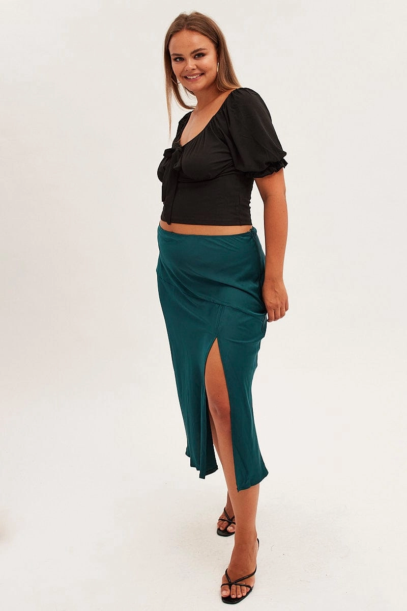 Green Midi Skirt High Waist Split Satin Pure Vibes Fashion Tones