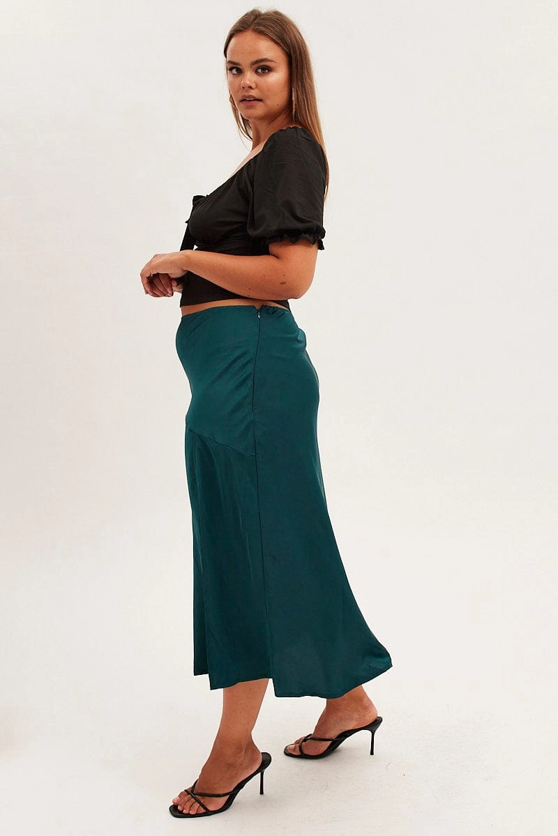 Green Midi Skirt High Waist Split Satin Day Wear