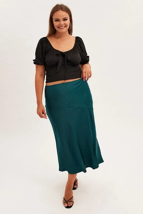 Green Midi Skirt High Waist Split Satin Contrast Stitching Texture Shot
