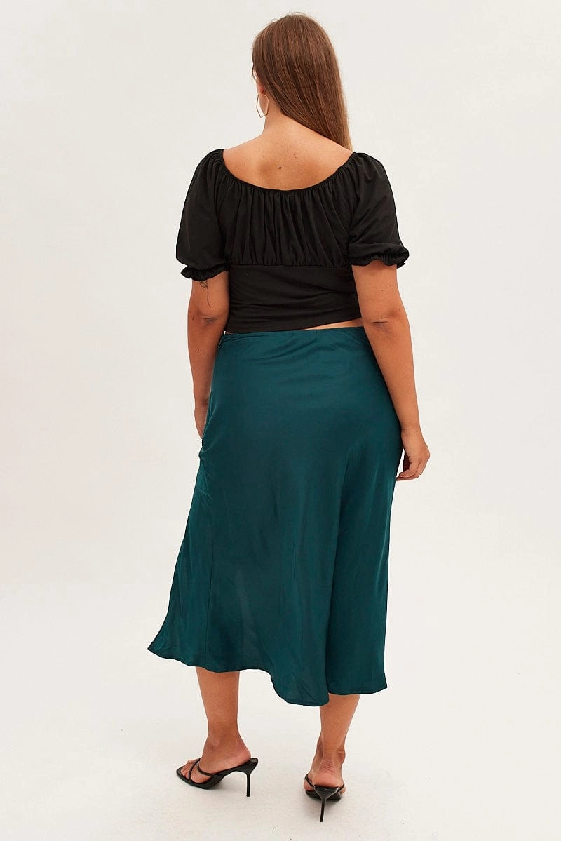 Runway Ready Outdoor Gathering Green Midi Skirt High Waist Split Satin