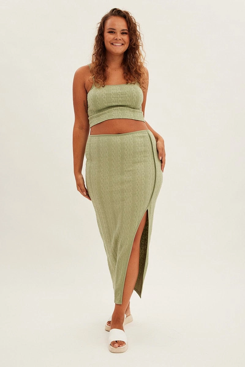 Green Midi Skirt Side Split Textured Jersey Embossed Detail