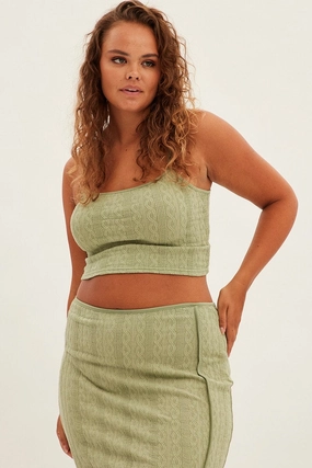 Green Midi Skirt Side Split Textured Jersey Earth Tones Knee Length