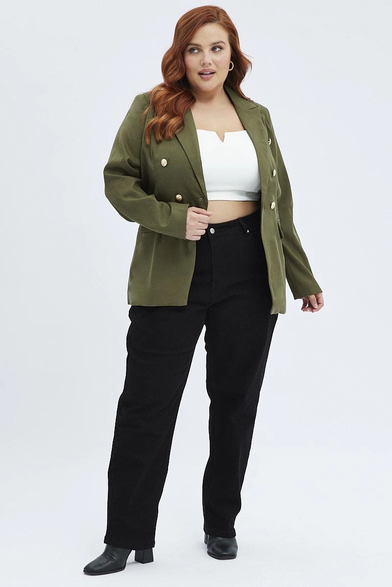 Foldable Shoulder Straps Green Military Blazer Textured Long Sleeve Fully Lined
