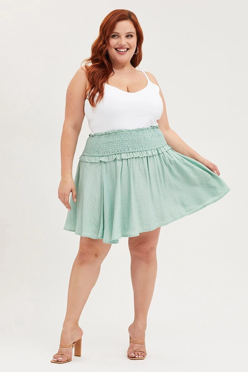 Leather Look Green Mini A Line Skirt Elastic Waist