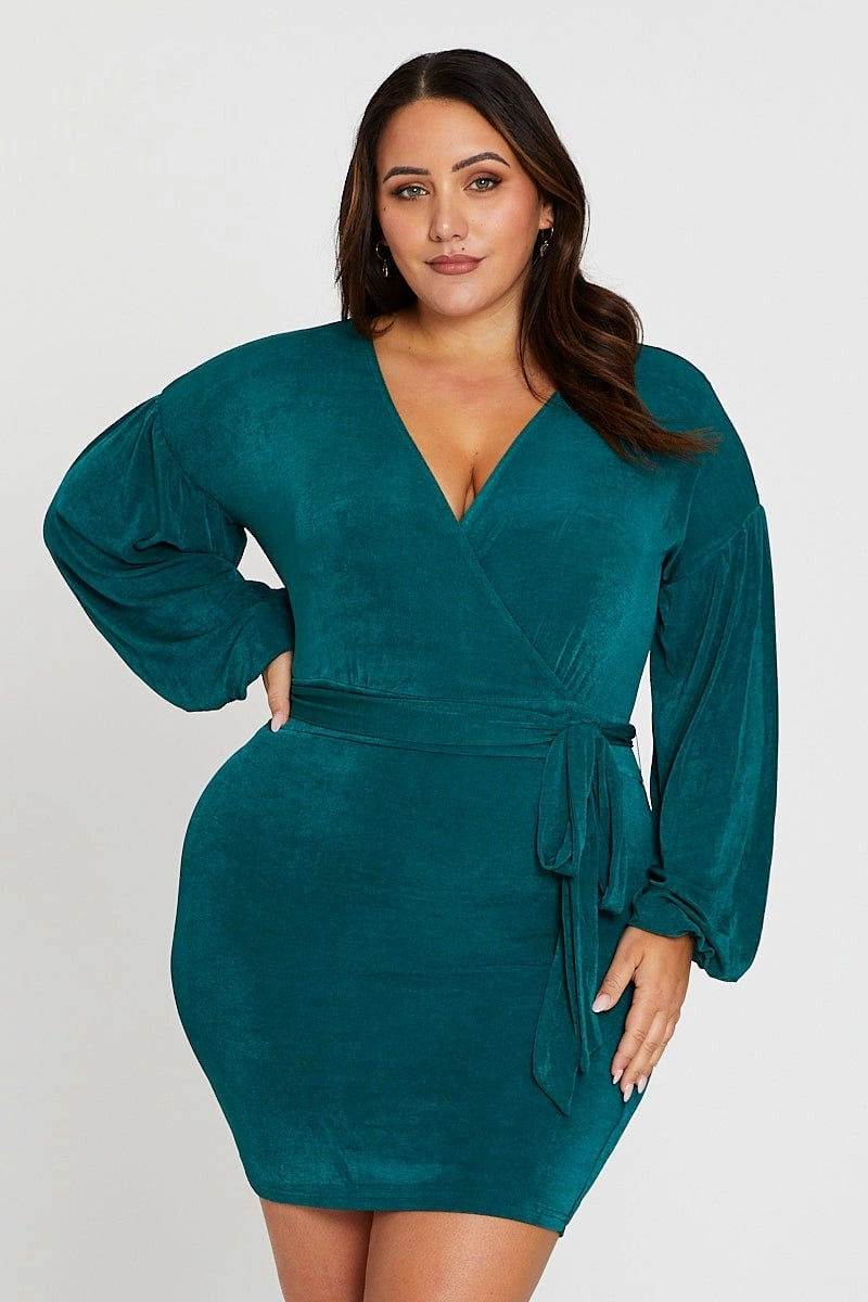 Cool Layers Contemporary Design Green Mini Bodycon Dress V-neck Long Sleeve Jersey