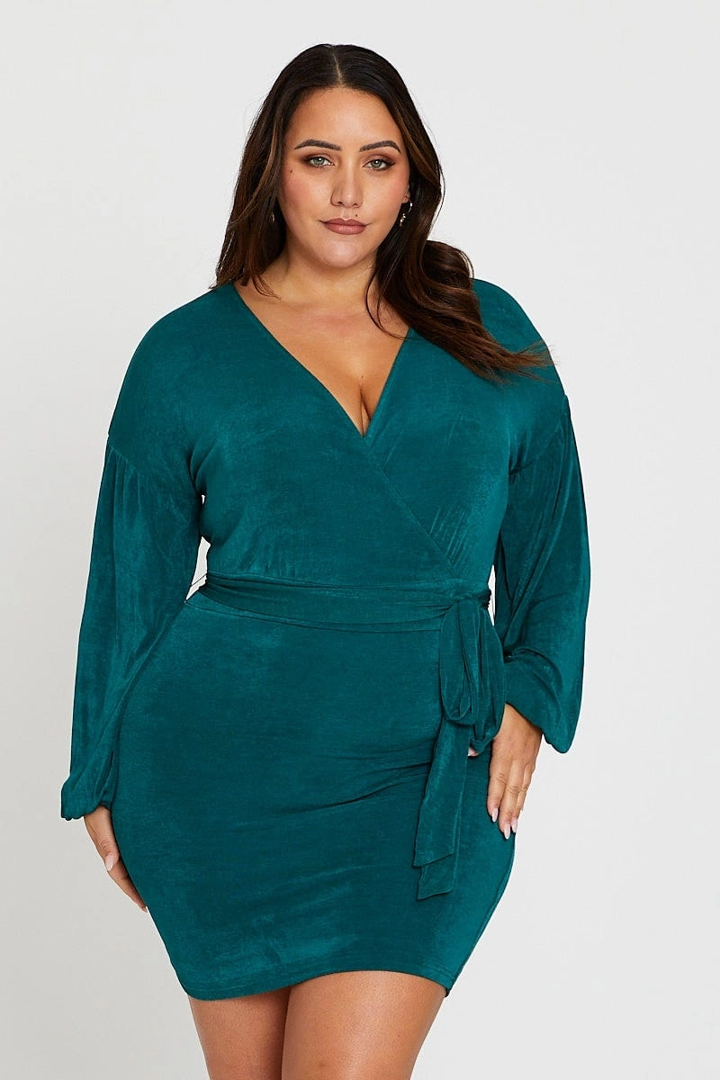 Green Mini Bodycon Dress V-neck Long Sleeve Jersey Romantic Style Subtle Elegance