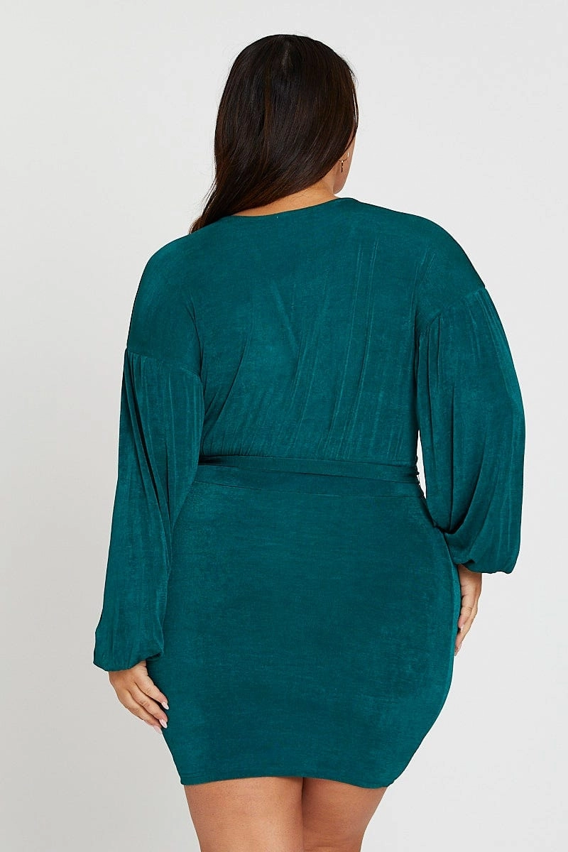 Vibrant Light Green Mini Bodycon Dress V-neck Long Sleeve Jersey
