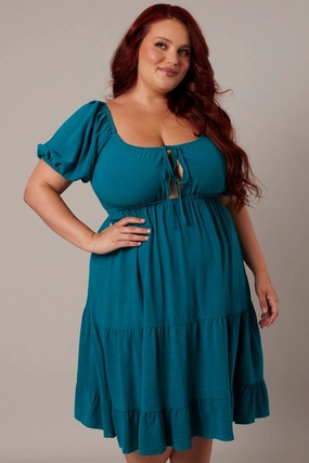 Green Mini Dress Linen Blend Puff Sleeve Sweetheart Neck Chic beachwear dress