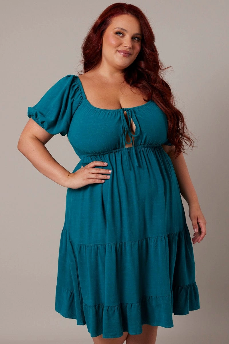 Green Mini Dress Linen Blend Puff Sleeve Sweetheart Neck Chic beachwear dress