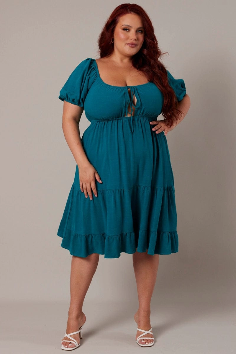 Air Touch Green Mini Dress Linen Blend Puff Sleeve Sweetheart Neck