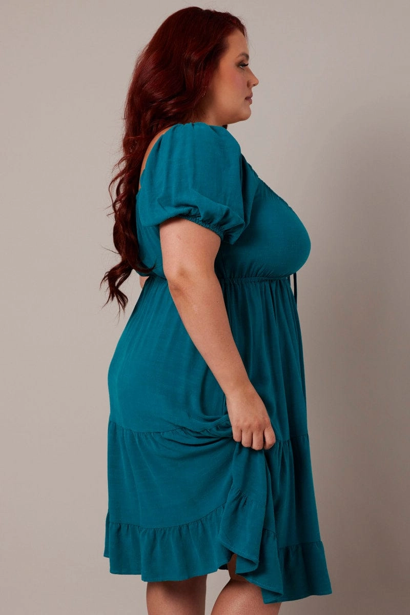 Light Drape Green Mini Dress Linen Blend Puff Sleeve Sweetheart Neck