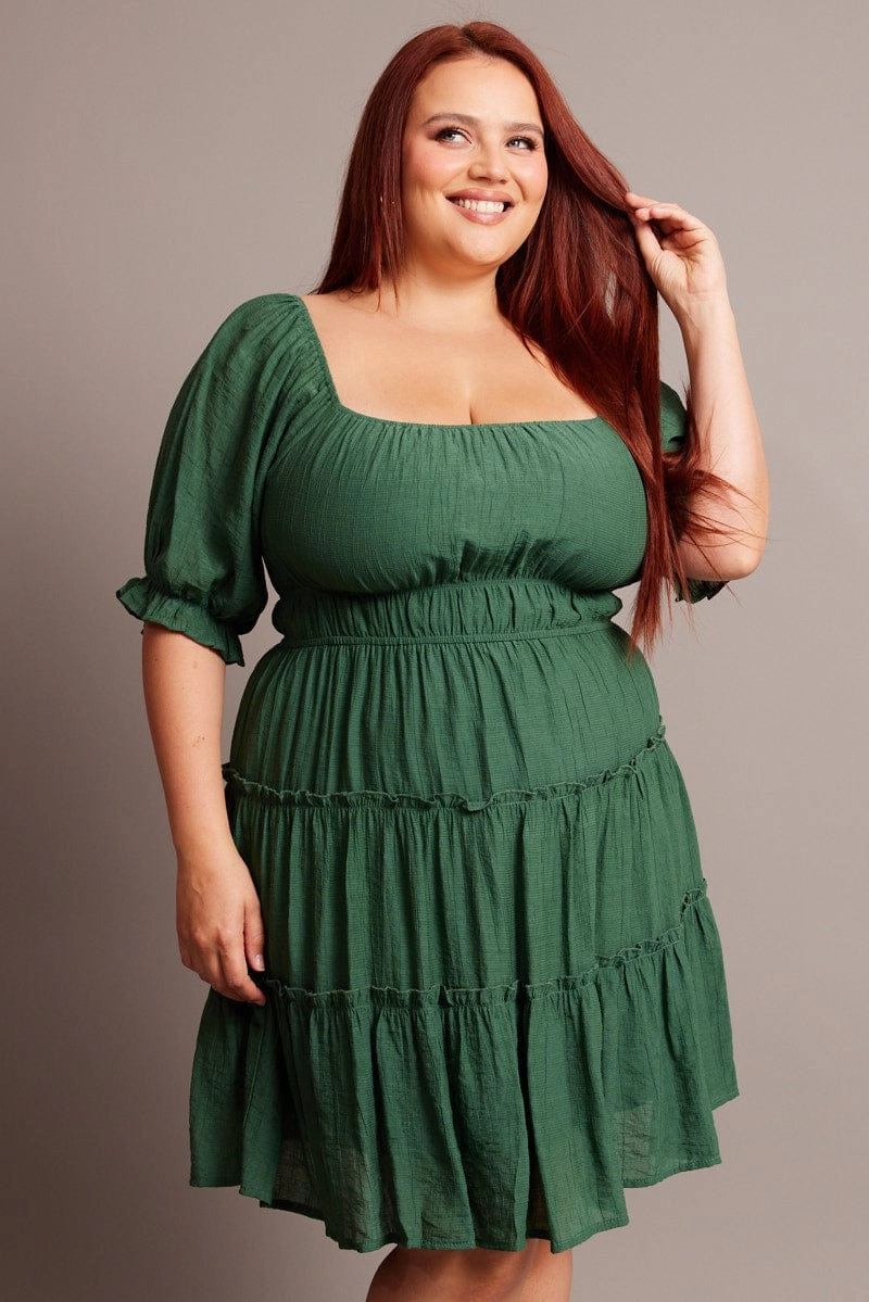 Smart Fit Feminine Movement Green Mini Dress With Elastic Waist And Frill Skirt