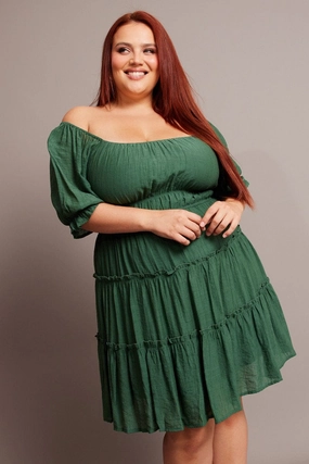 Green Mini Dress With Elastic Waist And Frill Skirt Minimalist feel Effortless Layering