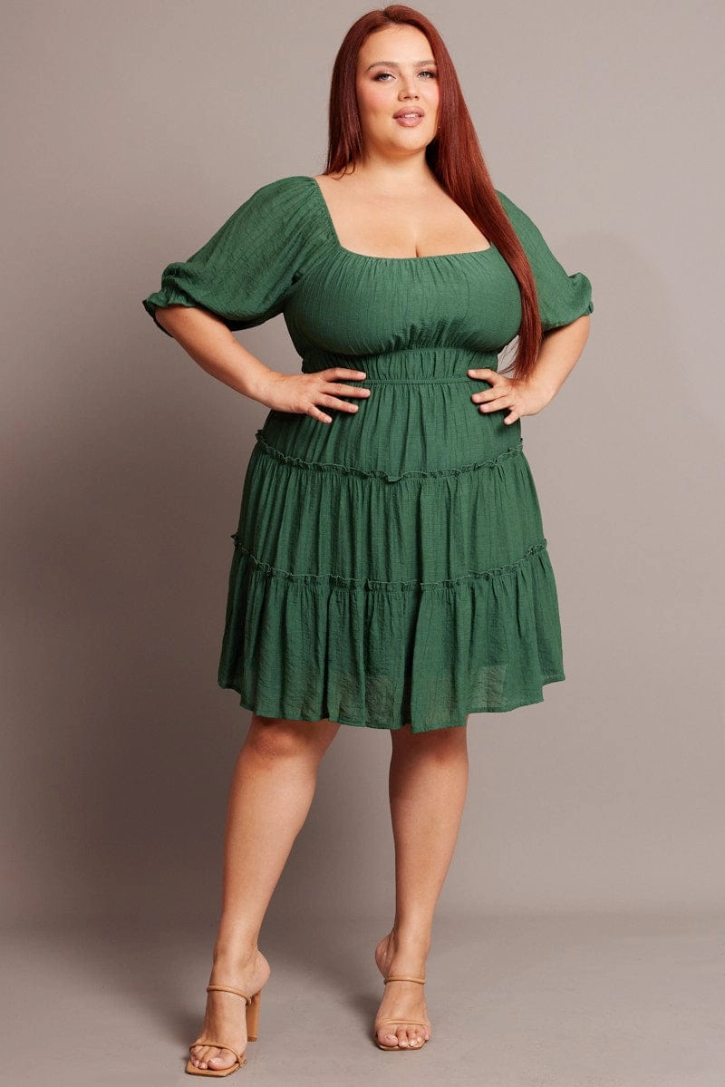Chic Tailoring Waist Oversized-Fit Green Mini Dress With Elastic Waist And Frill Skirt