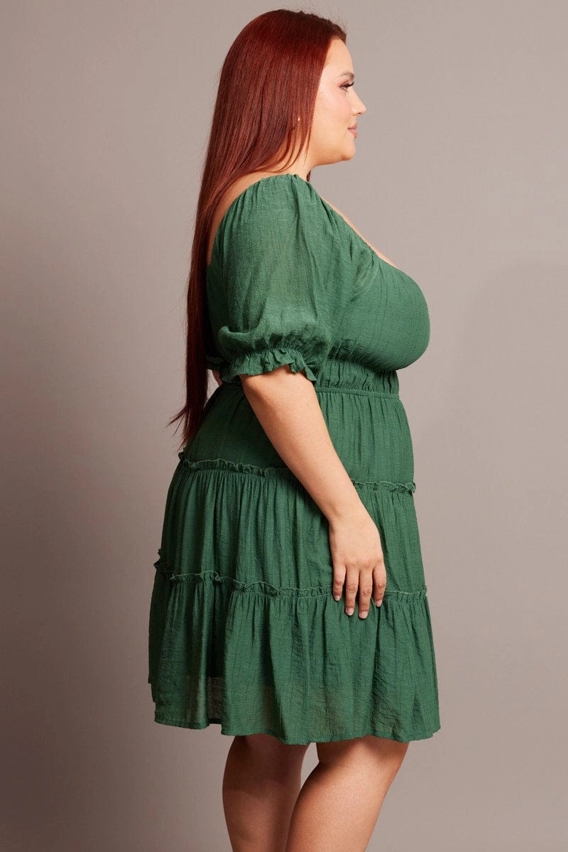 Sophisticated Waistband Fit everyday elegance Green Mini Dress With Elastic Waist And Frill Skirt
