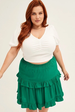 Green Mini Skirt Elastic Waist Frill Detail High Rise Sleek Vibe